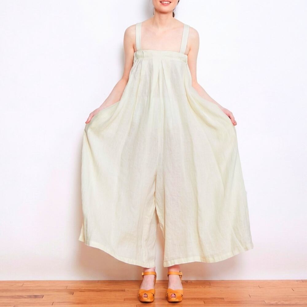Black Crane Pleated Wide Leg Jumpsuit Palazzo Sleeveless 100% Linen Cream XS
